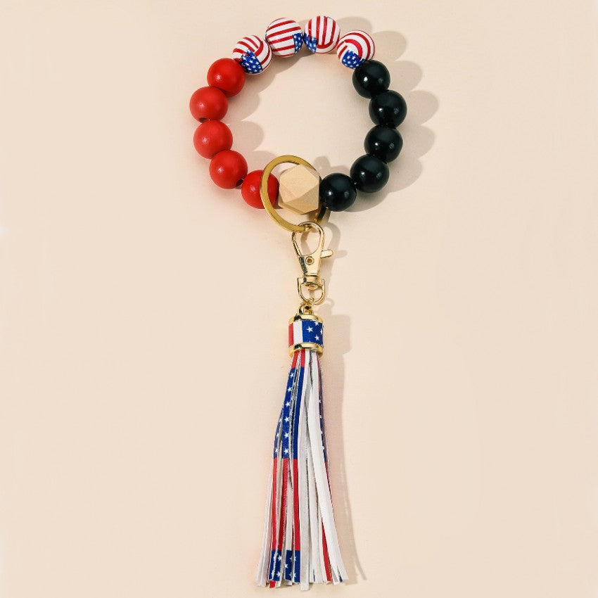 Wholesale Independence Day Wooden Beads Beaded Wrist Keychain